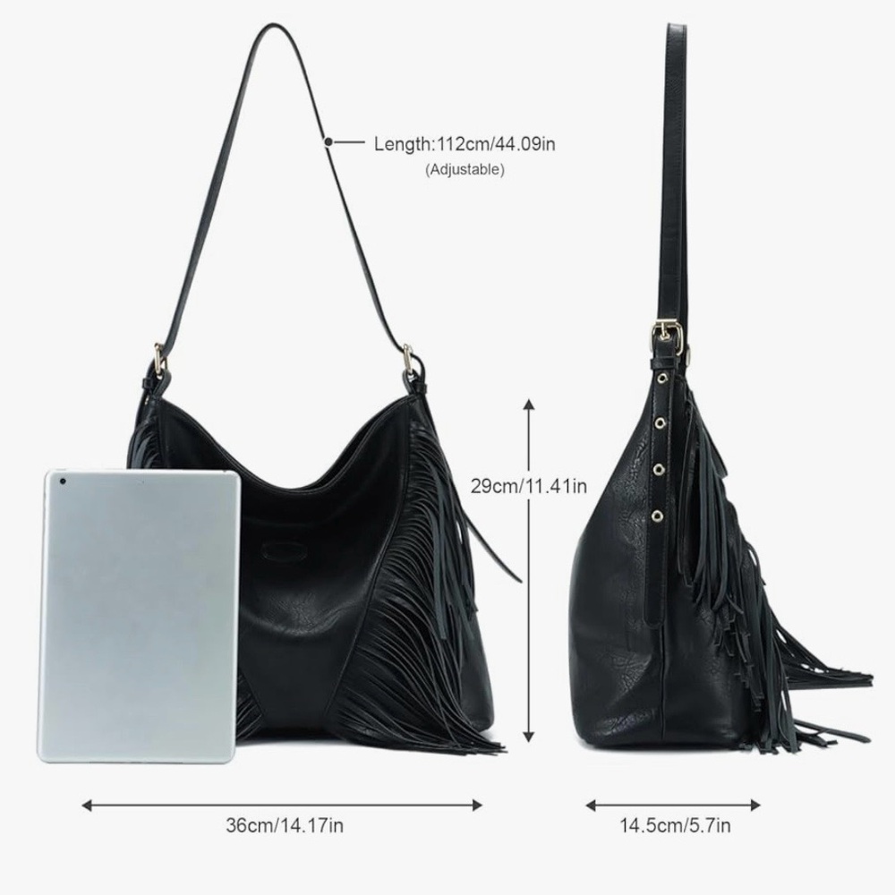 Lui Sui Vegan Leather Black Crossbody With Fringe Large Purse Bag - Picture 6 of 6
